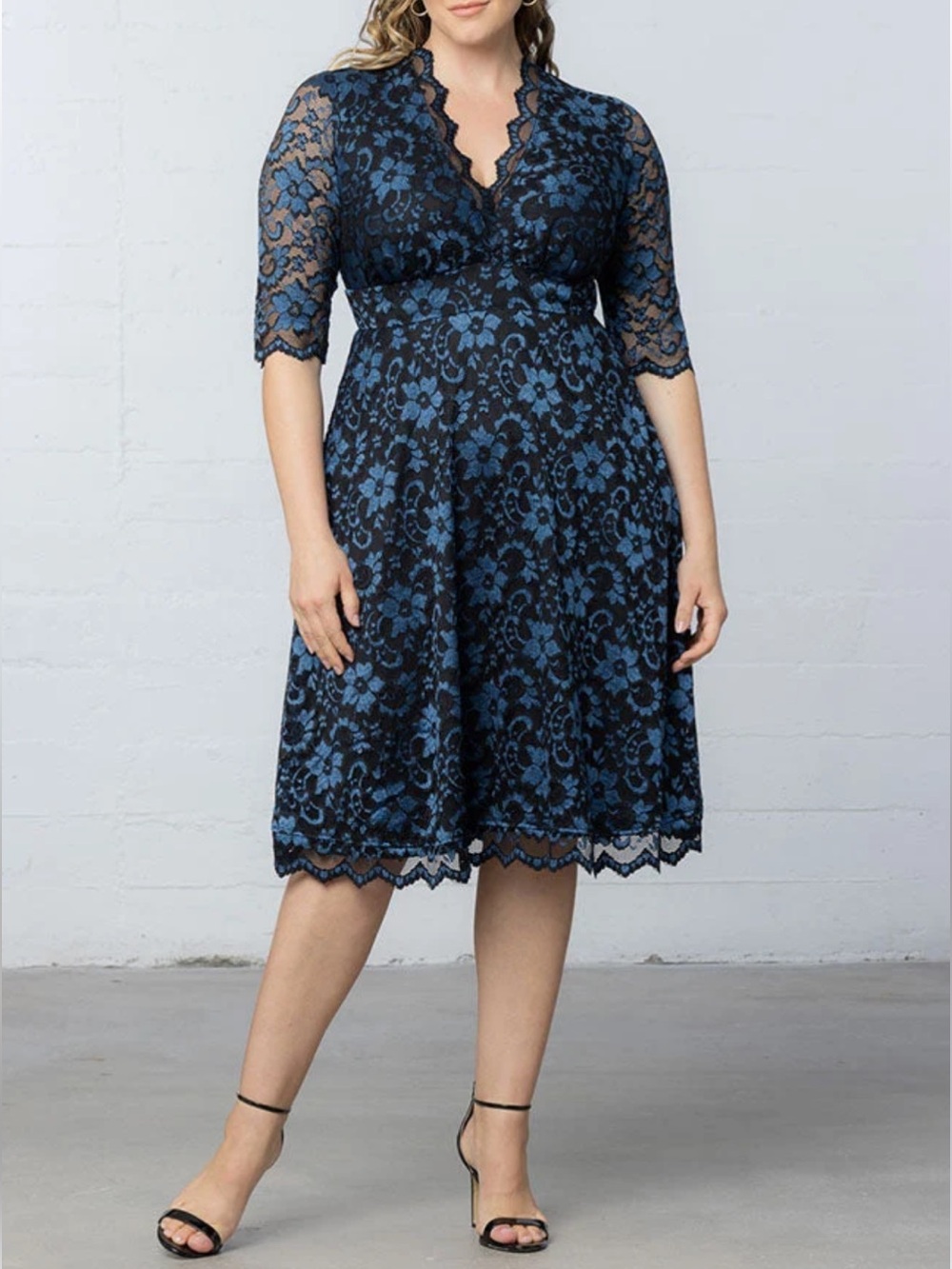 KIYONNA Mon Cherie Lace Blue Black Lace Fit-and-Flare Midi Dress Size 2X